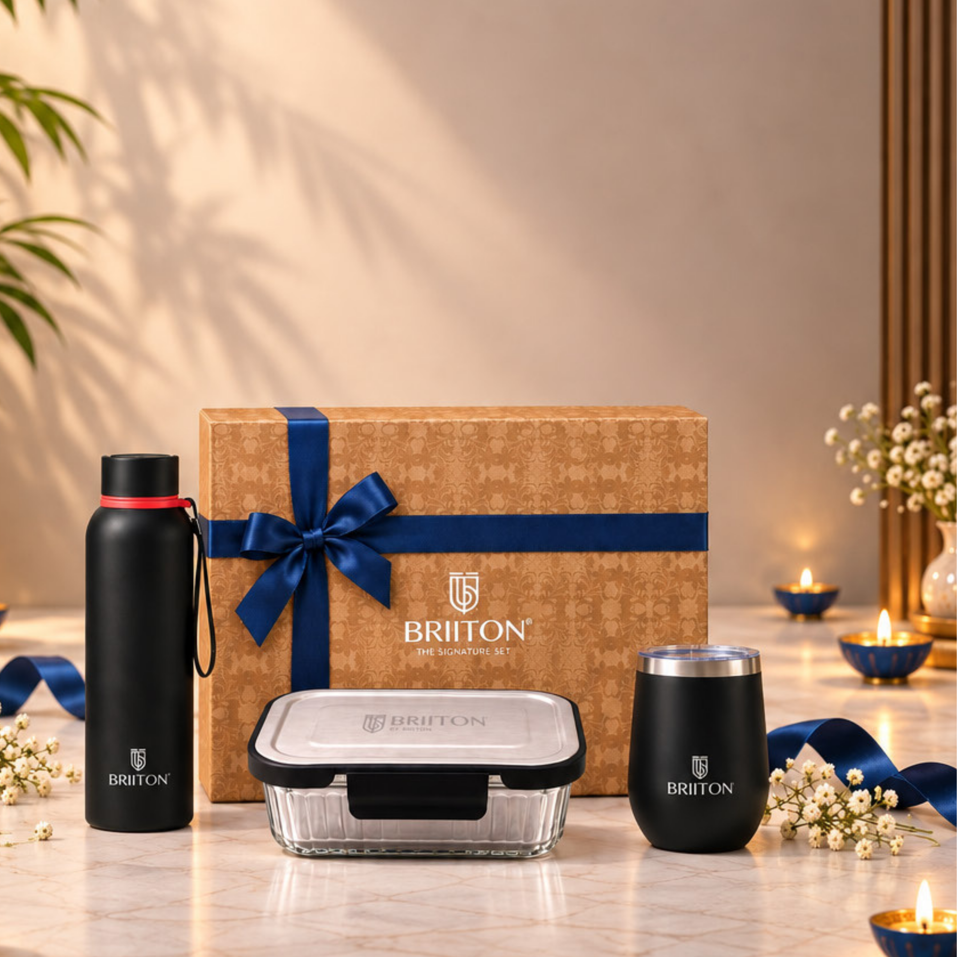 Briiton Gift Set 08 | Bottle, Cup & Lunch Box Set | 3 Pieces